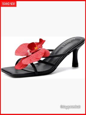 Floral Kitten Heels Square Open Toe Mule Heels Women Mid Slip On Heeled Sandals